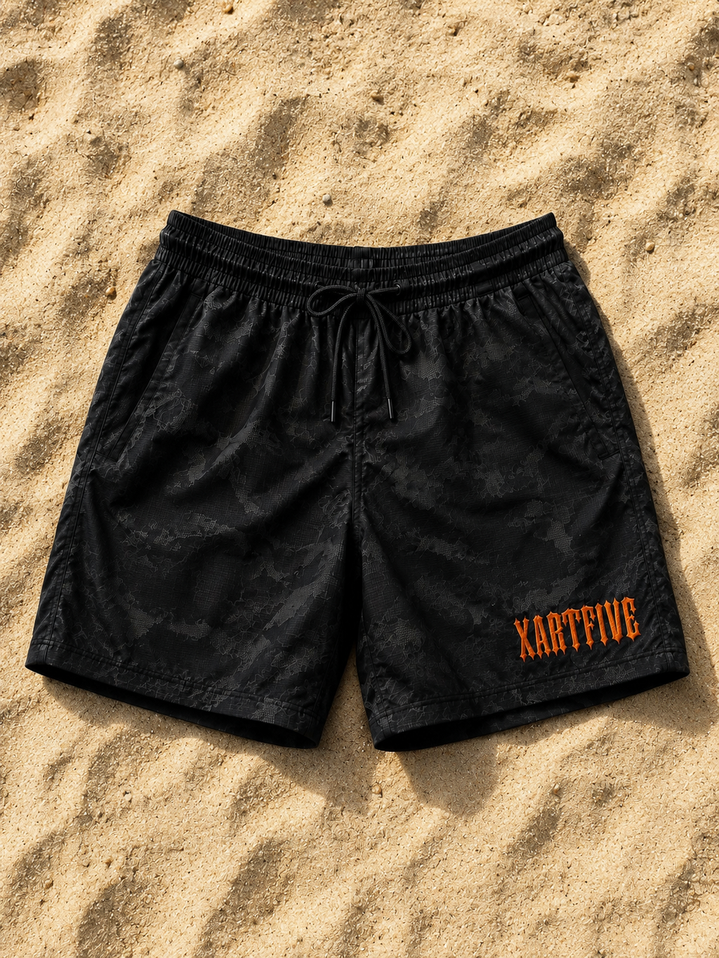 XARTFIVE Black Camo Shorts – Orange Logo Edition
